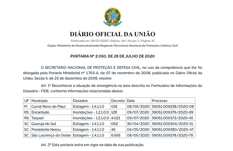 Portaria nº 2050, de 28 de julho, publicada no Diário Oficial da União