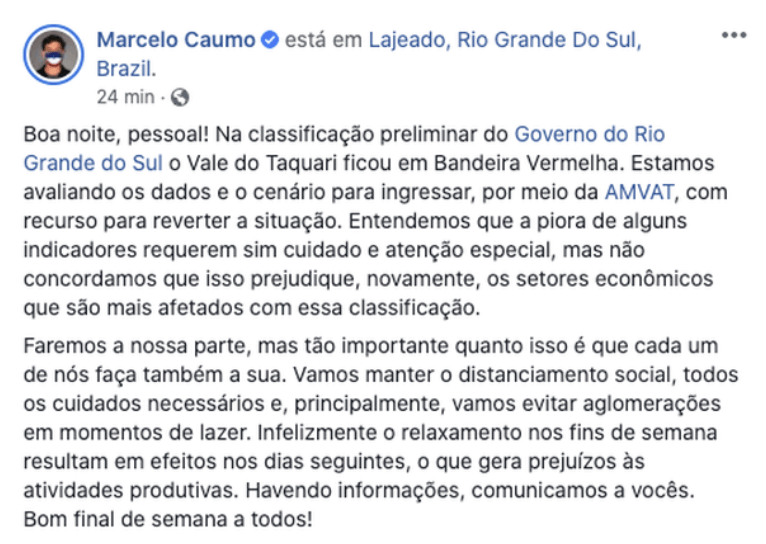 Prefeito de Lajeado, Marcelo Caumo, em postagem nas redes sociais