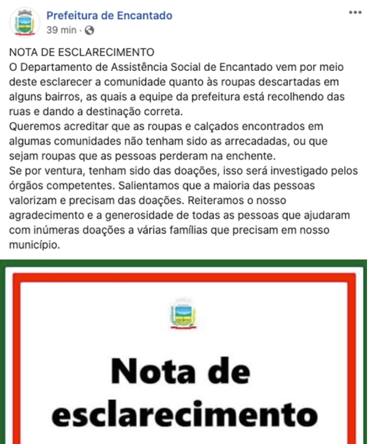 Nota de Esclarecimento sobre o descarte das doações