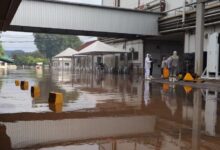 Pátio da unidade frigorifica totalmente inundado. Água invadiu casa de máquinas e equipamentos precisaram ser retirados às pressas / Fotos: Carina Marques