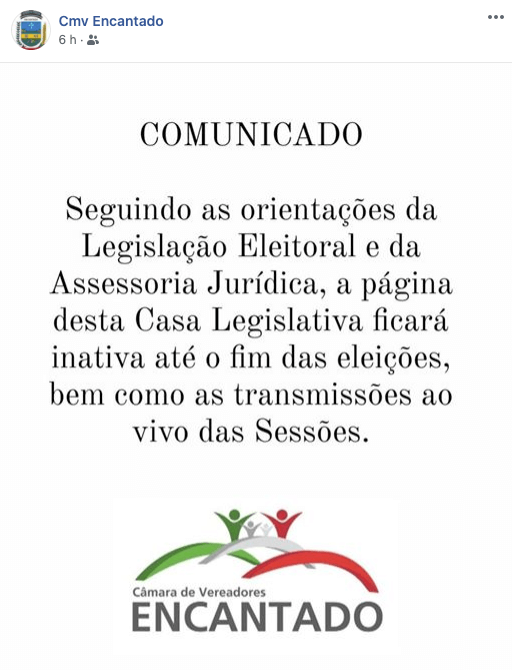 Câmara de Vereadores de Encantado atende orientação pela não transmissão das sessões no período compreendido entre 15 de agosto a 15 de novembro de 2020 (período de campanha eleitoral).