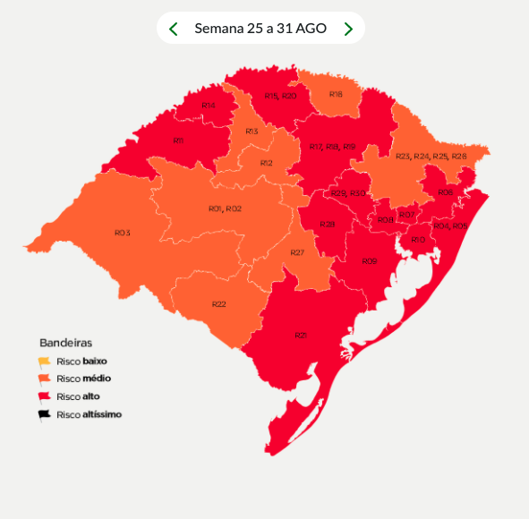 Mapa preliminar do Distanciamento Controlado mostra 13 regiões em bandeira vermelha, entre elas a de Lajeado.