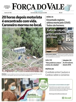 Edição impressa do Jornal Força do Vale, veiculada na sexta-feira, 21 de agosto