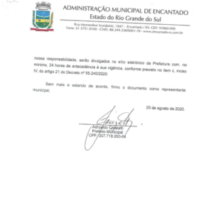 Declaração de concordância do município de ENcantado em relação ao Plano estruturado de prevenção e enfrentamento à epidemia do novo coronavírus