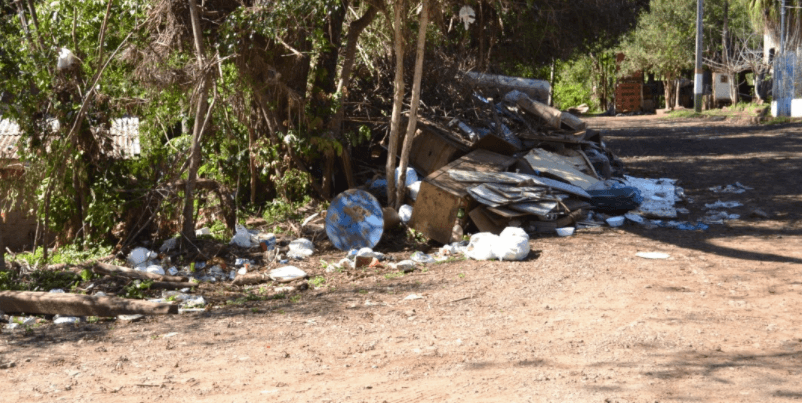 Restos de móveis, galhos e lixo comum depositados em via pública.