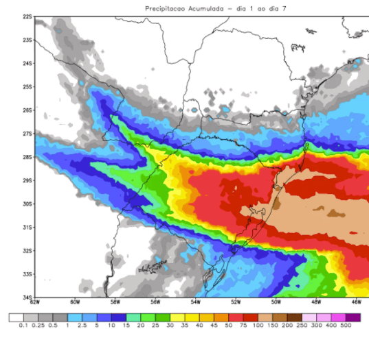 Marcas de 100 a 150 mm, isoladamente superiores, são possíveis em pontos destas áreas entre sábado, 5, e a quarta-feira, 9. Reprodução: Metsul Meteorologia.