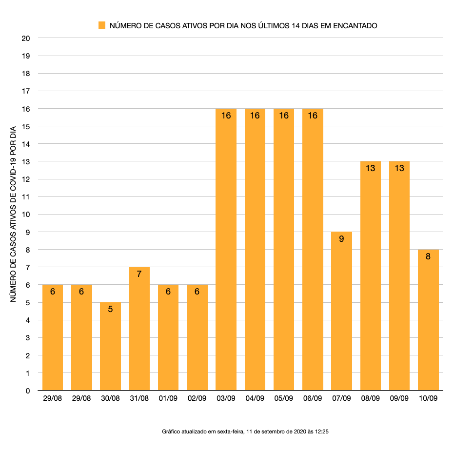 Casos ativos no município de Encantado nos últimos 14 dias, conforme dados da Sec. Municipal da Saúde.