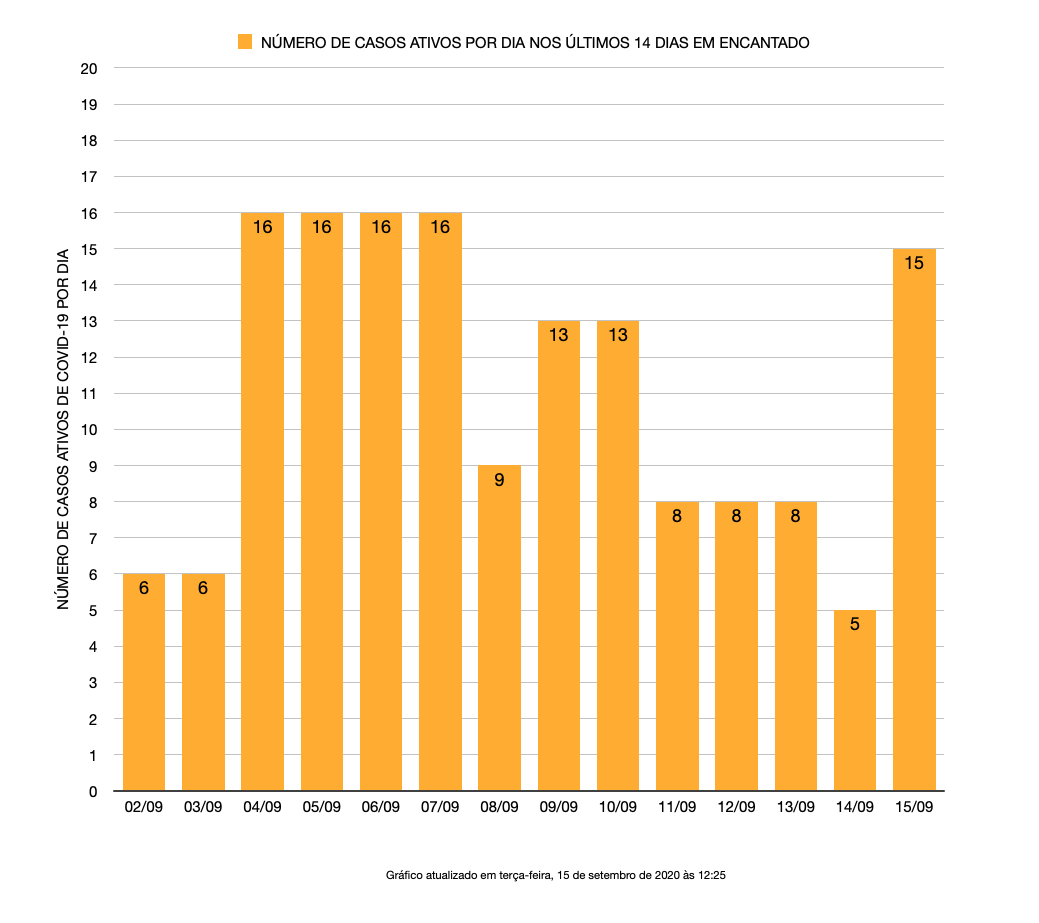 Casos ativos no município de Encantado nos últimos 14 dias, conforme dados da Sec. Municipal da Saúde.