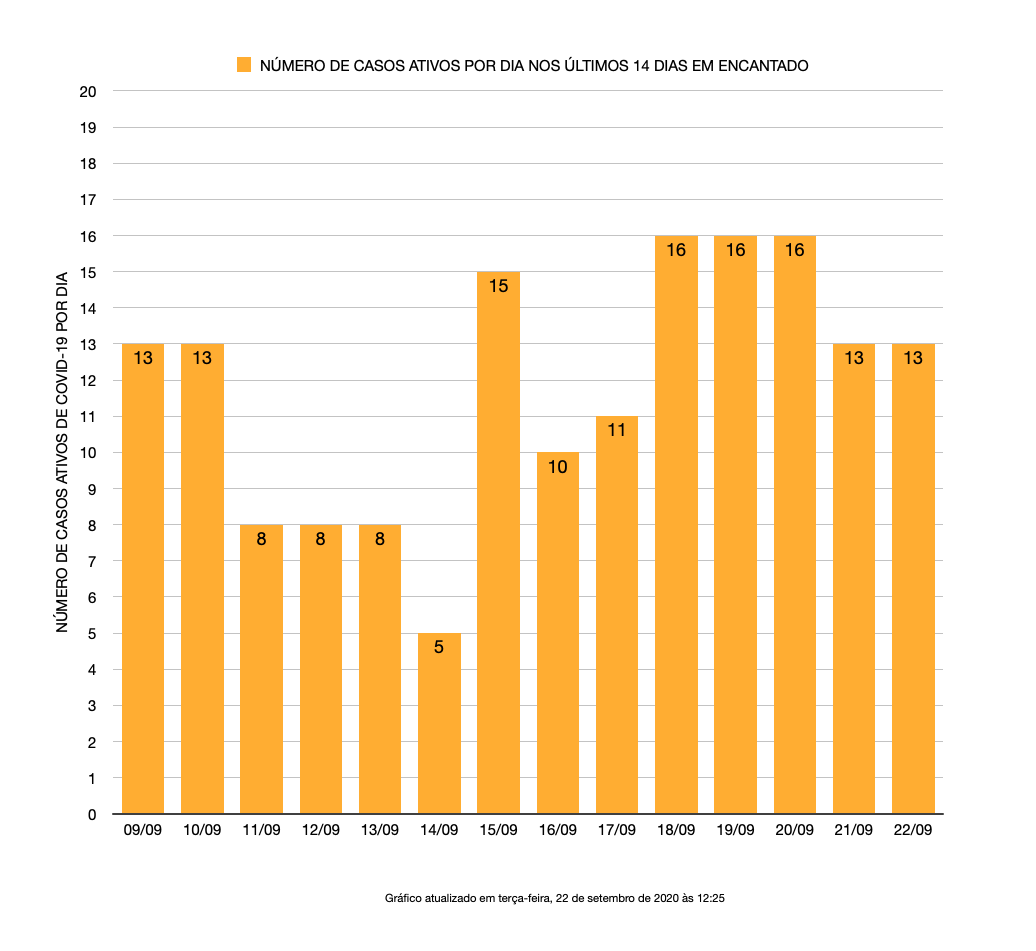 Casos ativos em Encantado nos últimos 14 dias. Fonte: Secretaria Municipal da Saúde