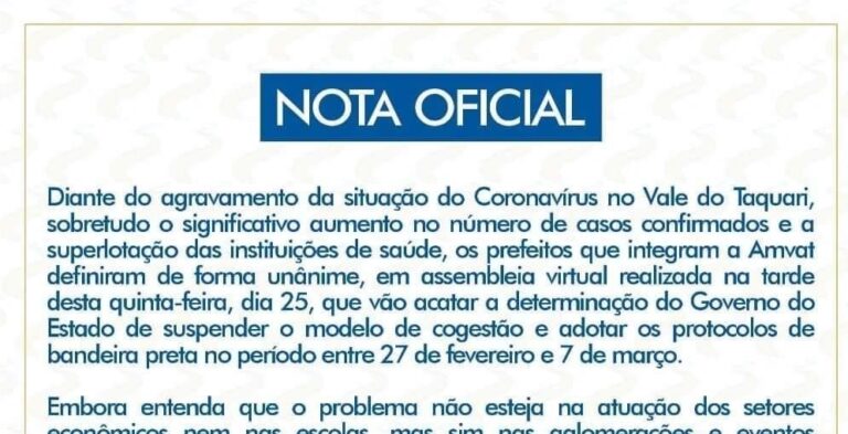 Amvat acata decisões do Governador para enfrentamento da bandeira preta