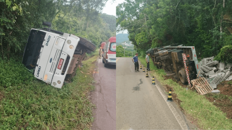 Caminhão carregado de blocos tomba na Estrada São José, em Encantado