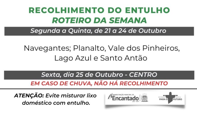 Cronograma de coleta de entulhos em Encantado