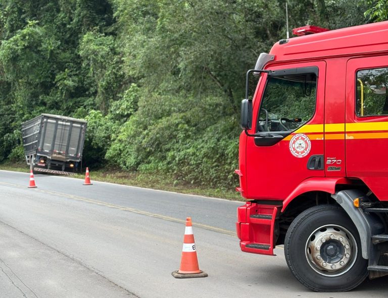 Caminhão carregado colide em barranco na RS-129 em Muçum