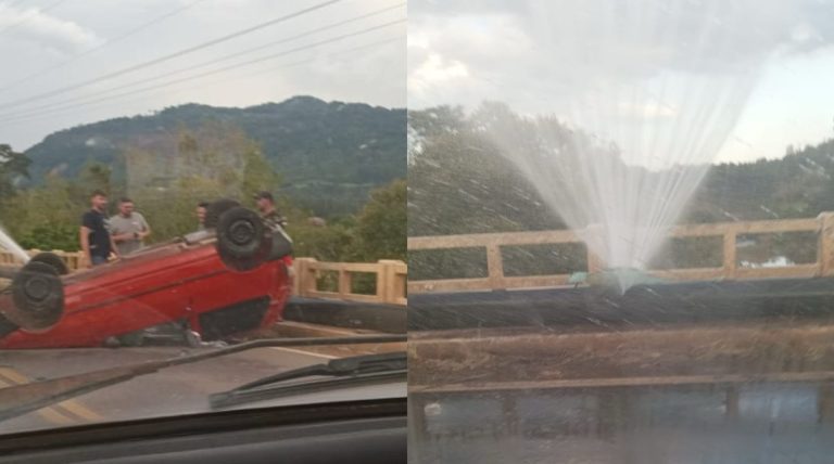 Carro capota sobre ponte do Arroio Jacaré e perfura adutora em Encantado