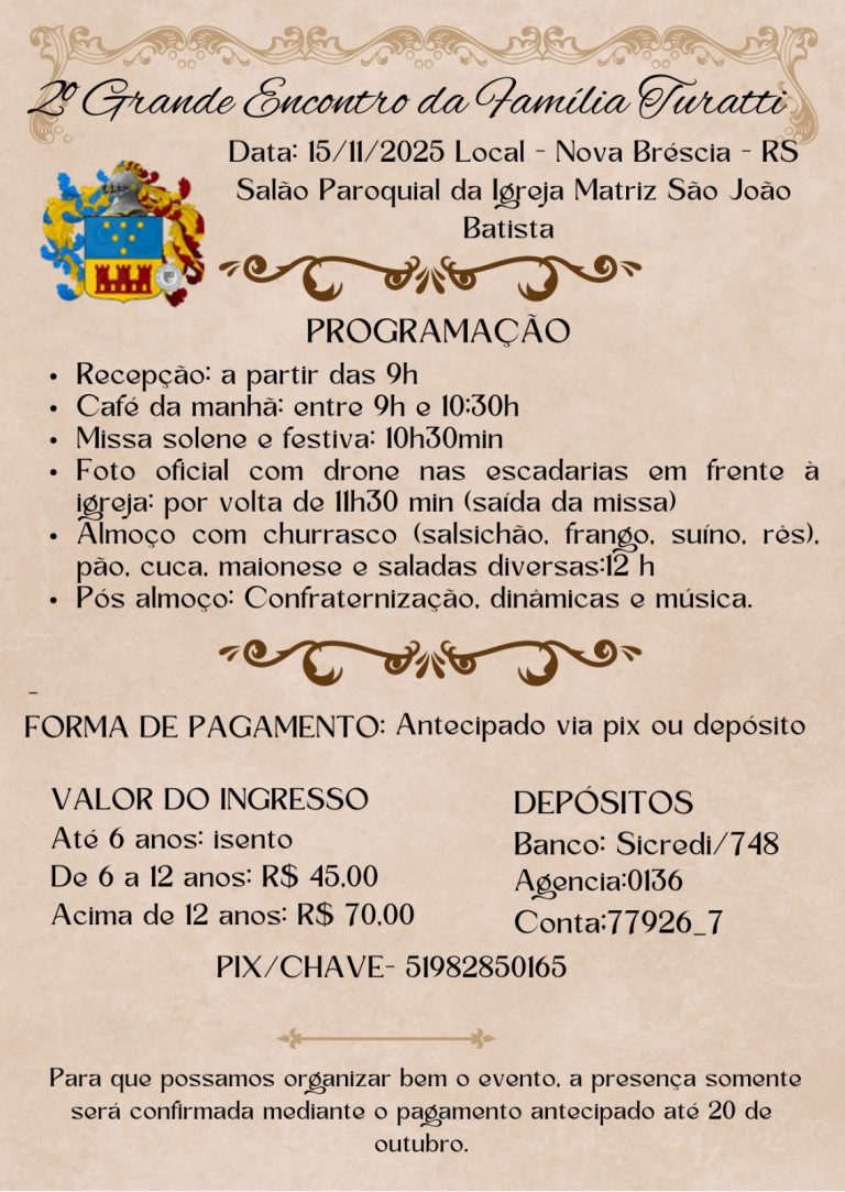 Encontro da Família Turatti será realizado no feriado de 15 de novembro