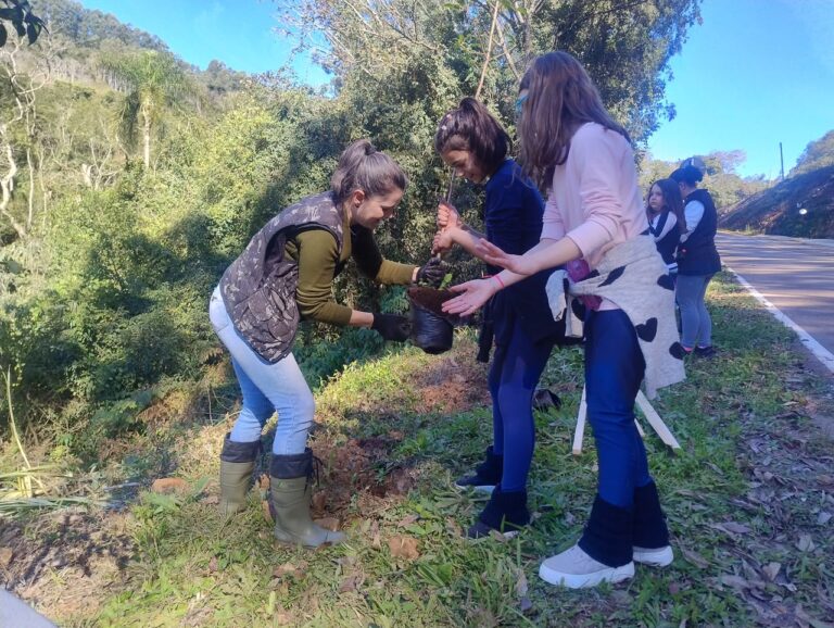 Alunos plantam mudas nativas no Caminho da Fé e Devoção, em Relvado