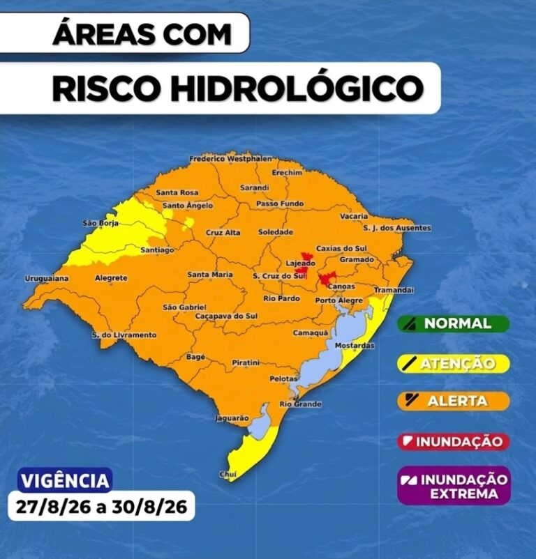 Defesa Civil alerta para risco de inundação no Vale do Taquari