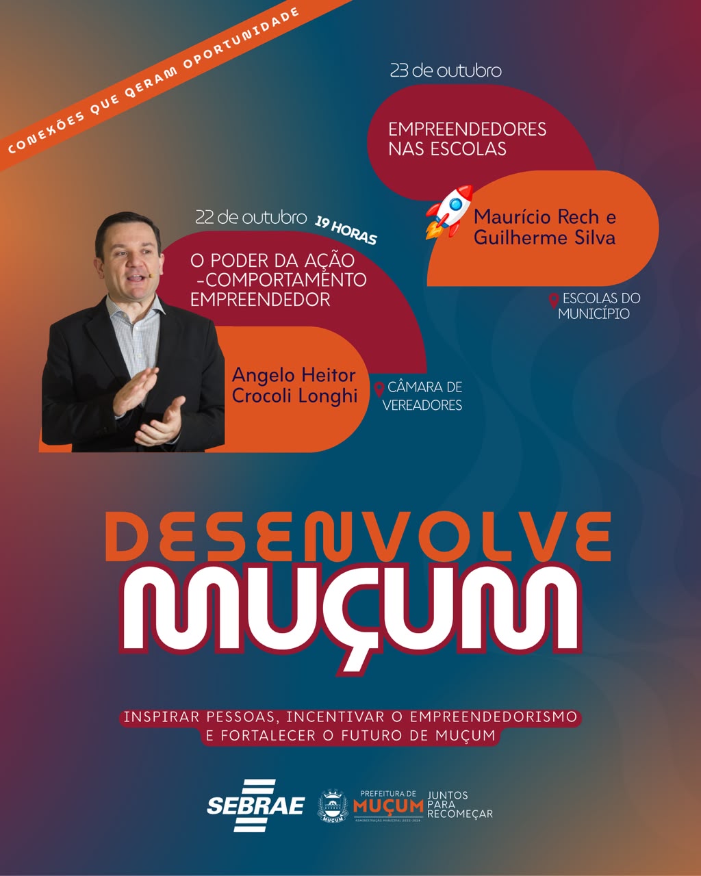 Homem em terno gesticula durante apresentação sobre empreendedorismo no evento Desenvolve Muçum.