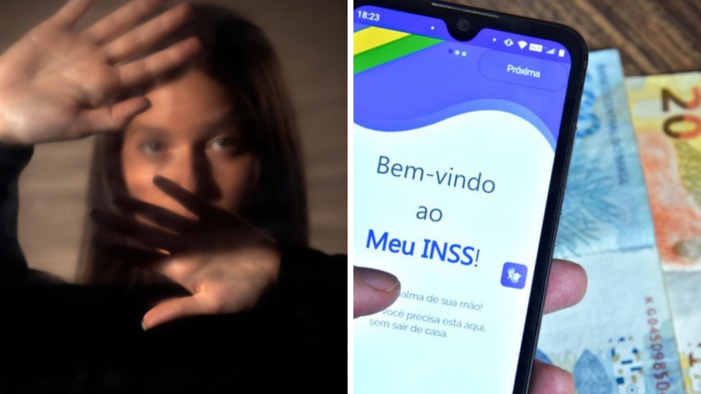 Mulher acessa aplicativo do Meu INSS em smartphone para consultar benefício de afastamento por violência doméstica.
