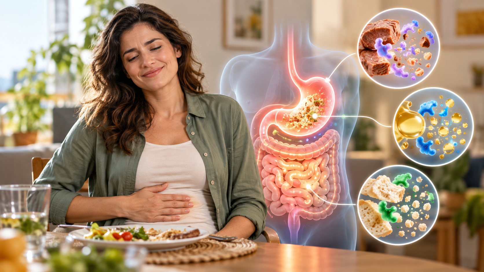 Mulher segura o abdômen enquanto se alimenta, com visualização do sistema digestivo e enzimas em destaque.