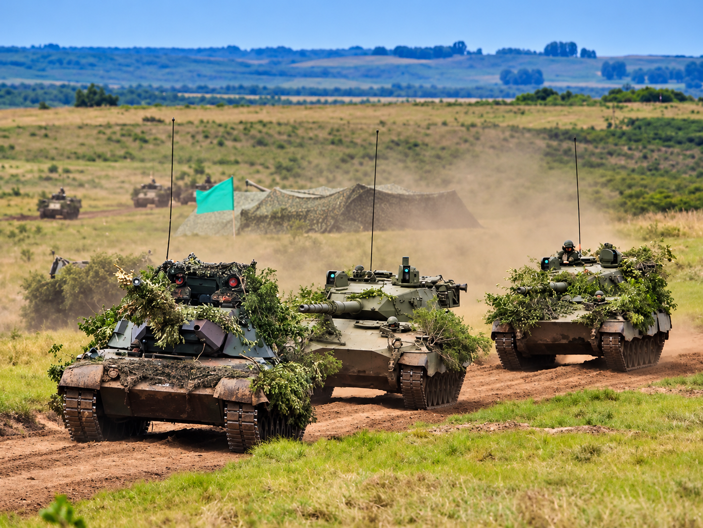 Tanques blindados brasileiros e argentinos em formação durante o Exercício Combinado Arandu no Rio Grande do Sul.