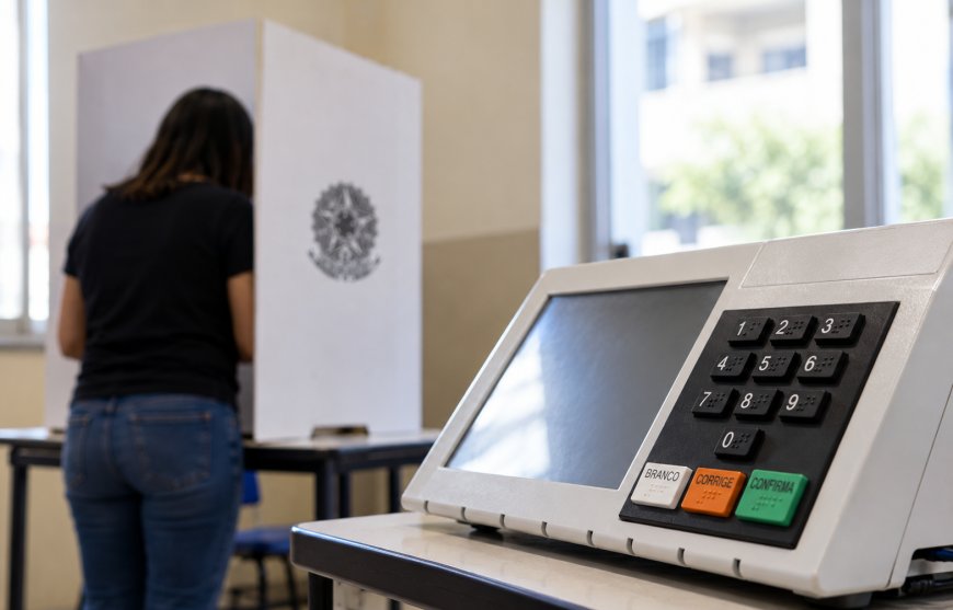 Eleitora deposita voto em urna eletrônica durante segundo turno das eleições, com máquina de votação em primeiro plano.