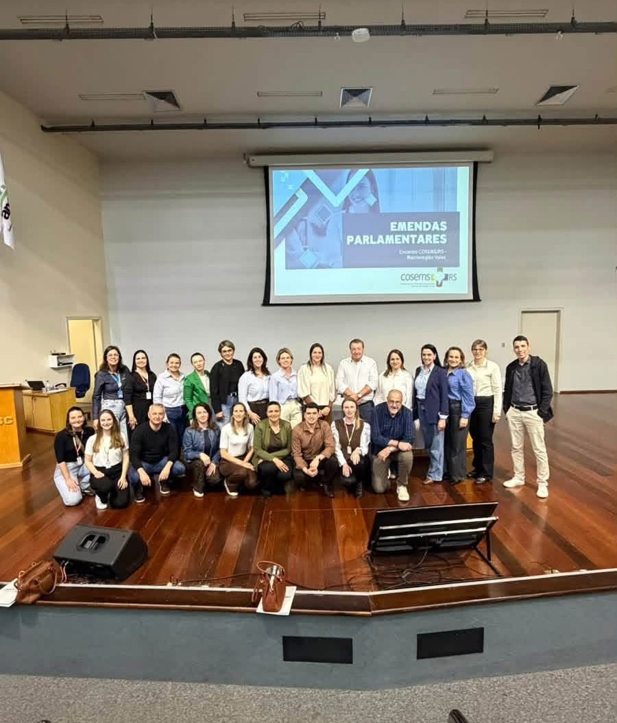 Participantes do Encontro Macrorregional Vales posam para foto durante apresentação sobre emendas parlamentares em auditório.