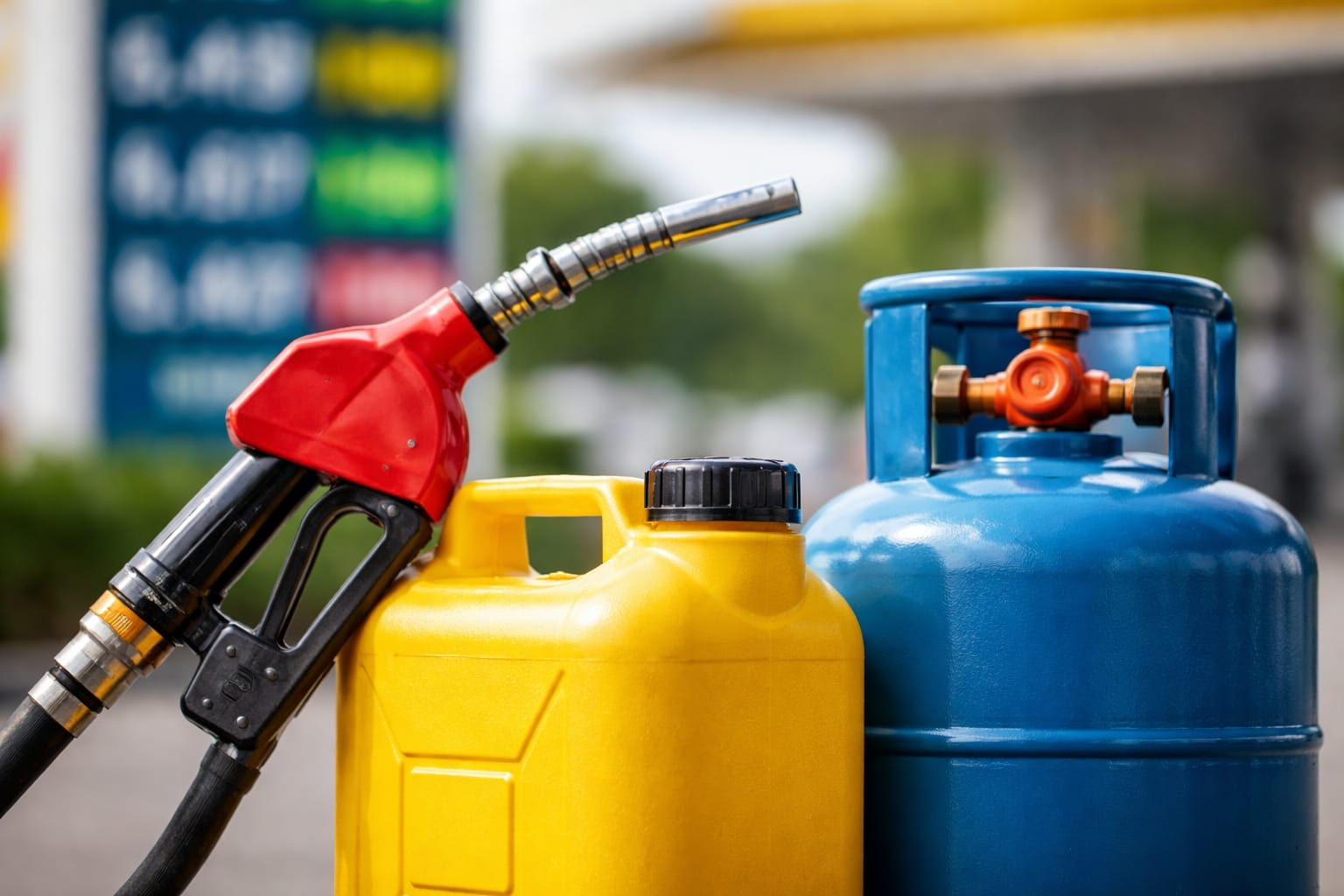 Bomba de combustível, galão de gasolina e botijão de gás de cozinha em posto de abastecimento.