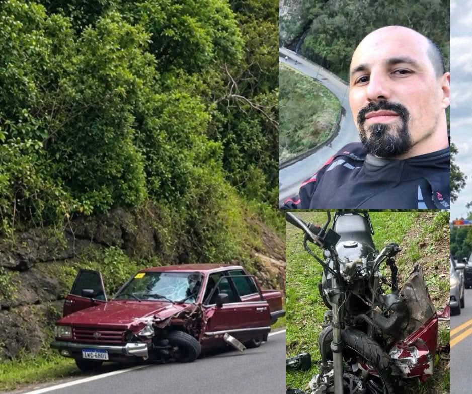 Colisão entre motocicleta e Ford Del Rey na ERS-446, próximo à praça de pedágio