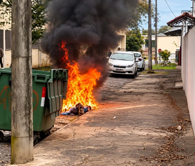 Homem incendeia contêiner de lixo e quase atinge carros em Venâncio Aires