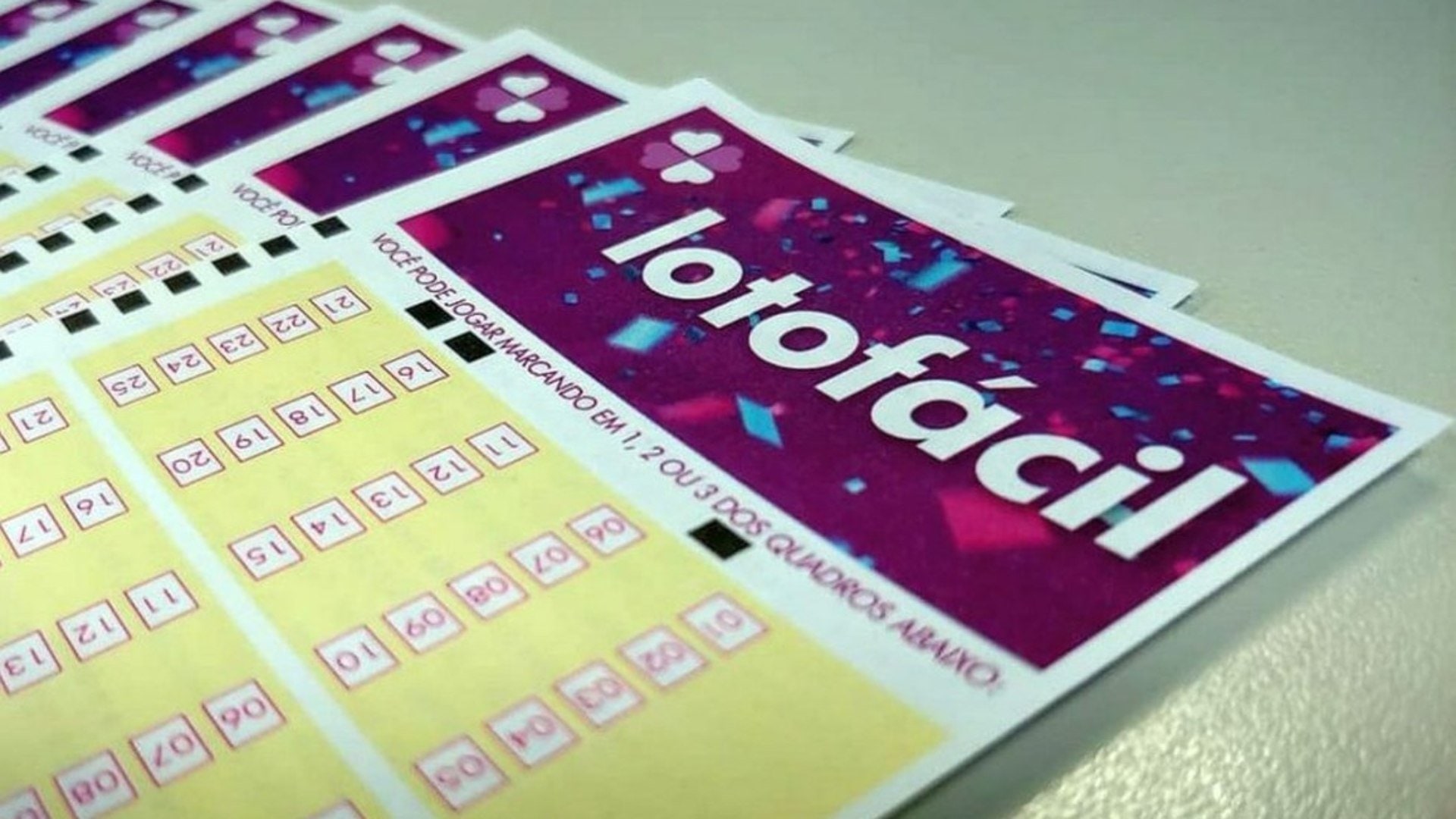 Volantes da Lotofácil com números marcados e cartela de resultado do sorteio exibem os números premiados do concurso.